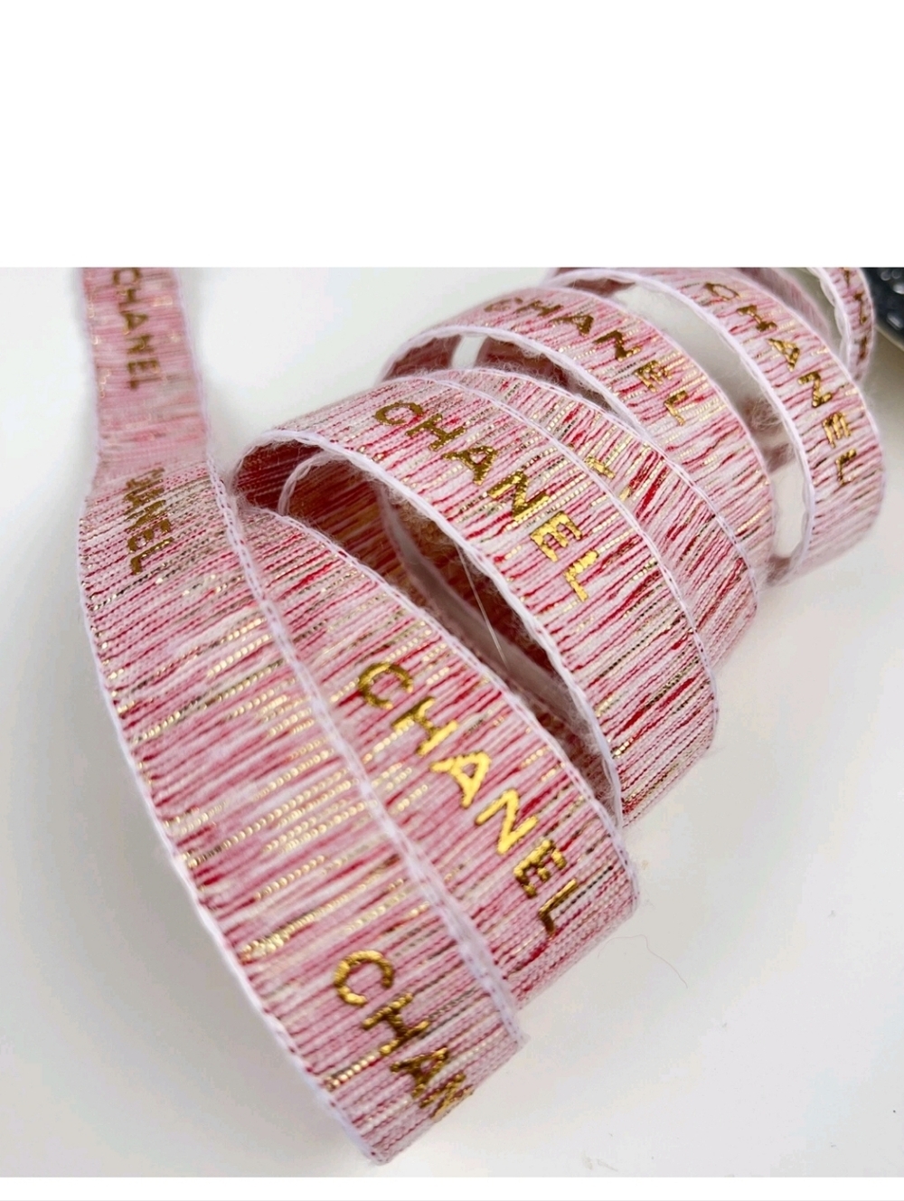CHANEL Pink Ribbon with Gold Logo Trim 2 Yards of Chanel LE Pink-Gold